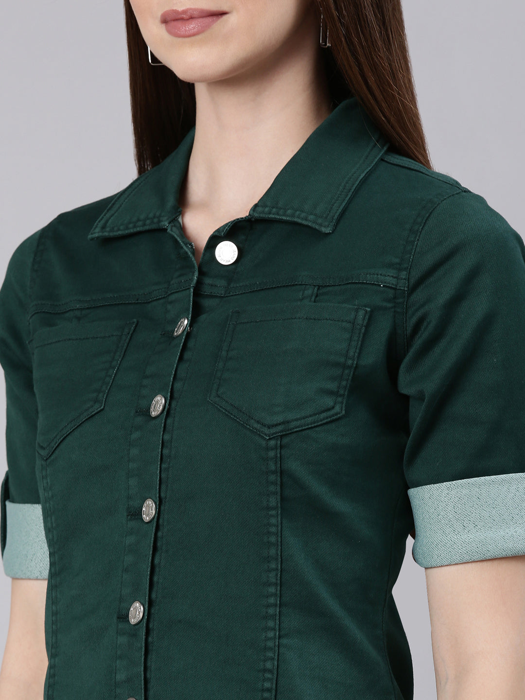 Women's Green Roll Up Sleeves Cotton Shirt Dress