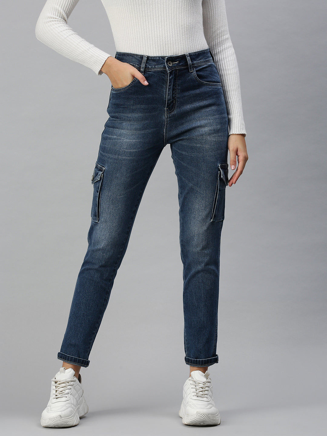 Women's Blue Relaxed Fit High-Rise Heavy Fade Stretchable Denim Jeans