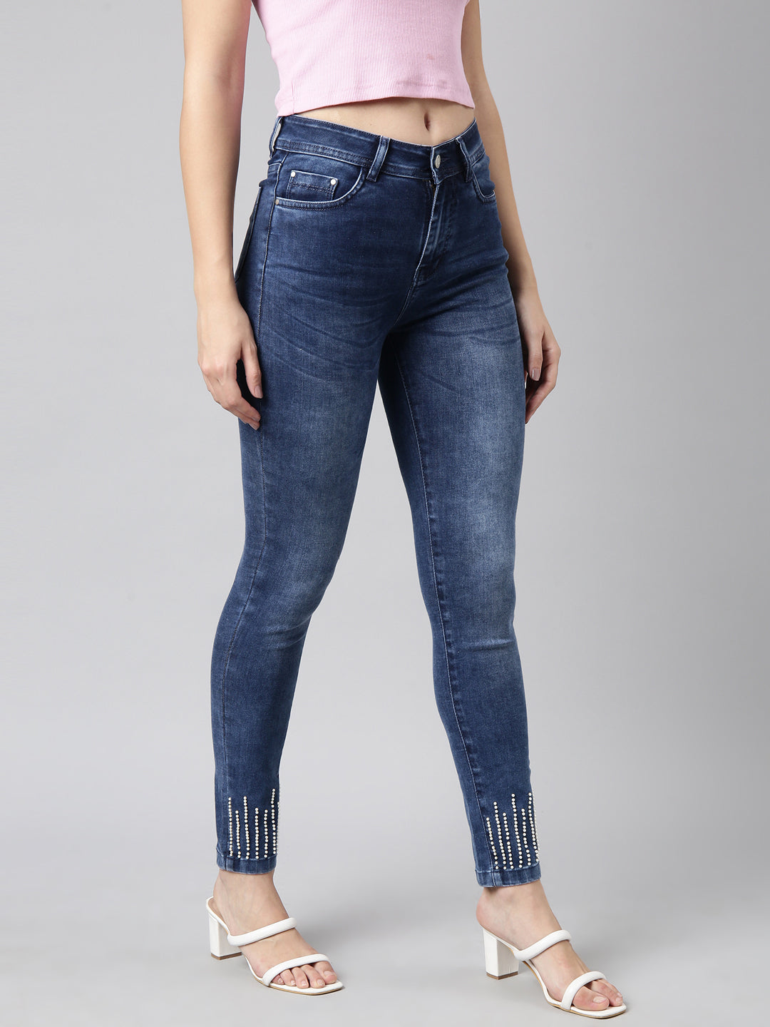 Women's Navy Blue Skinny Fit Light Fade Embellished Jeans