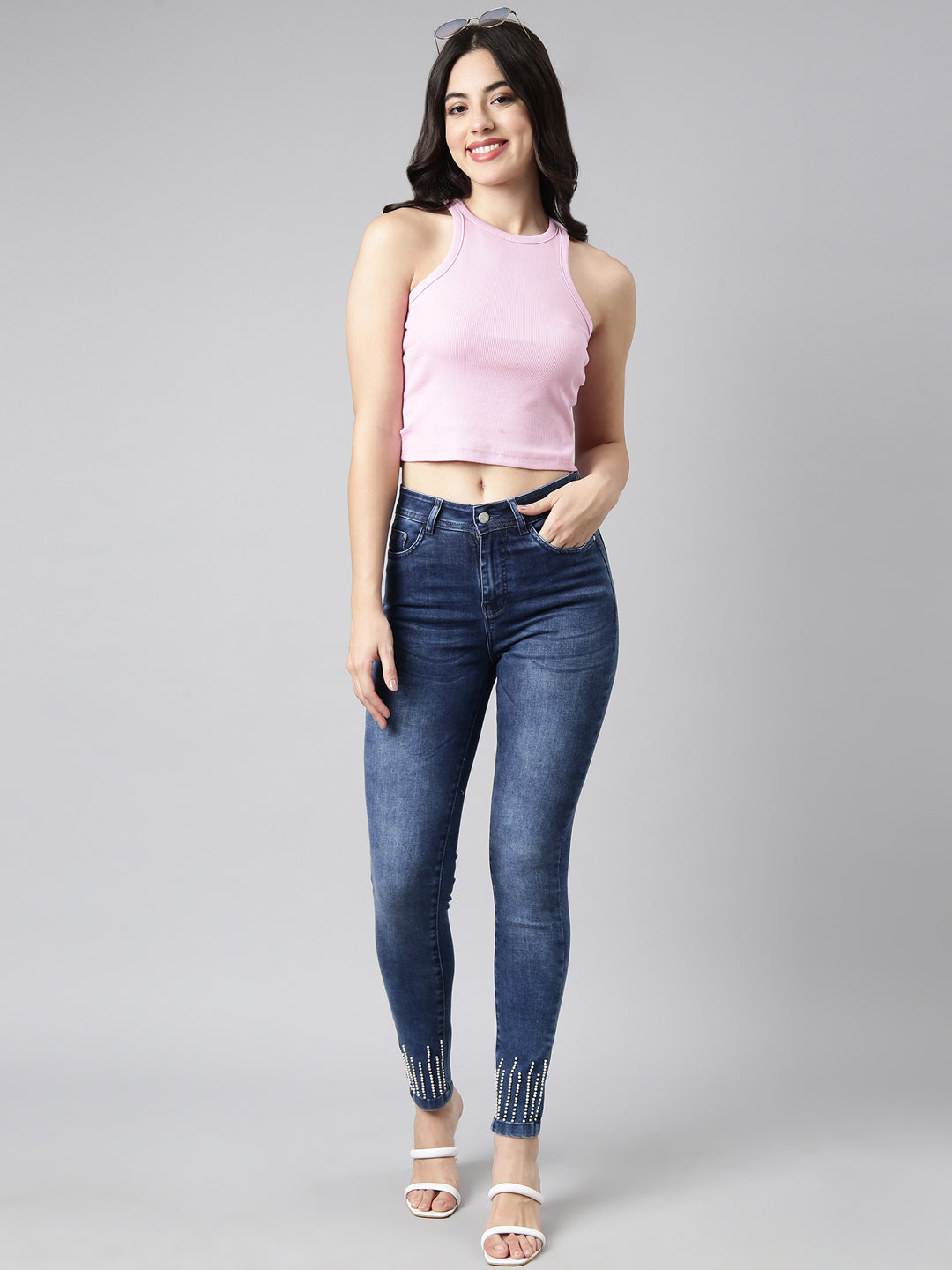 Women's Navy Blue Skinny Fit Light Fade Embellished Jeans