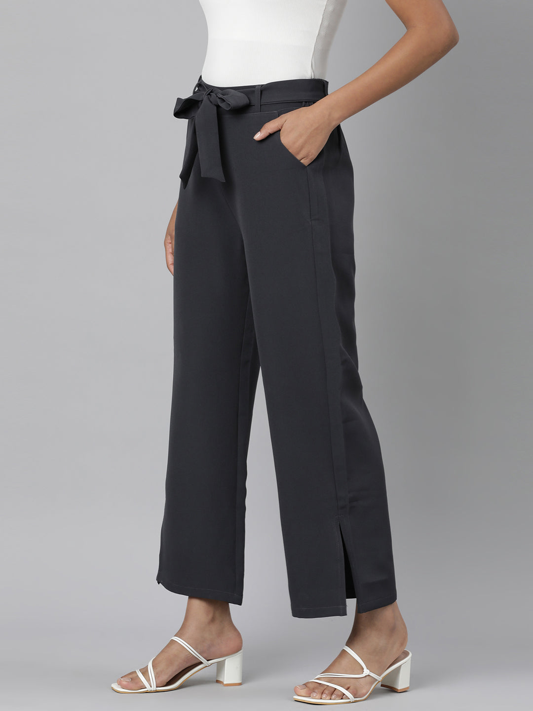 Women's Grey Relaxed Straight Fit Cotton Parallel Trousers