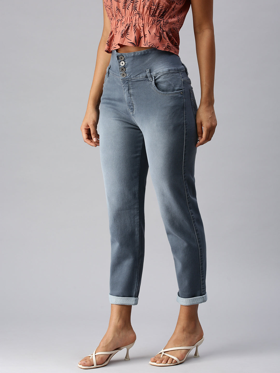 Women's Grey Straight Fit High-Rise Heavy Fade Stretchable Denim Jeans