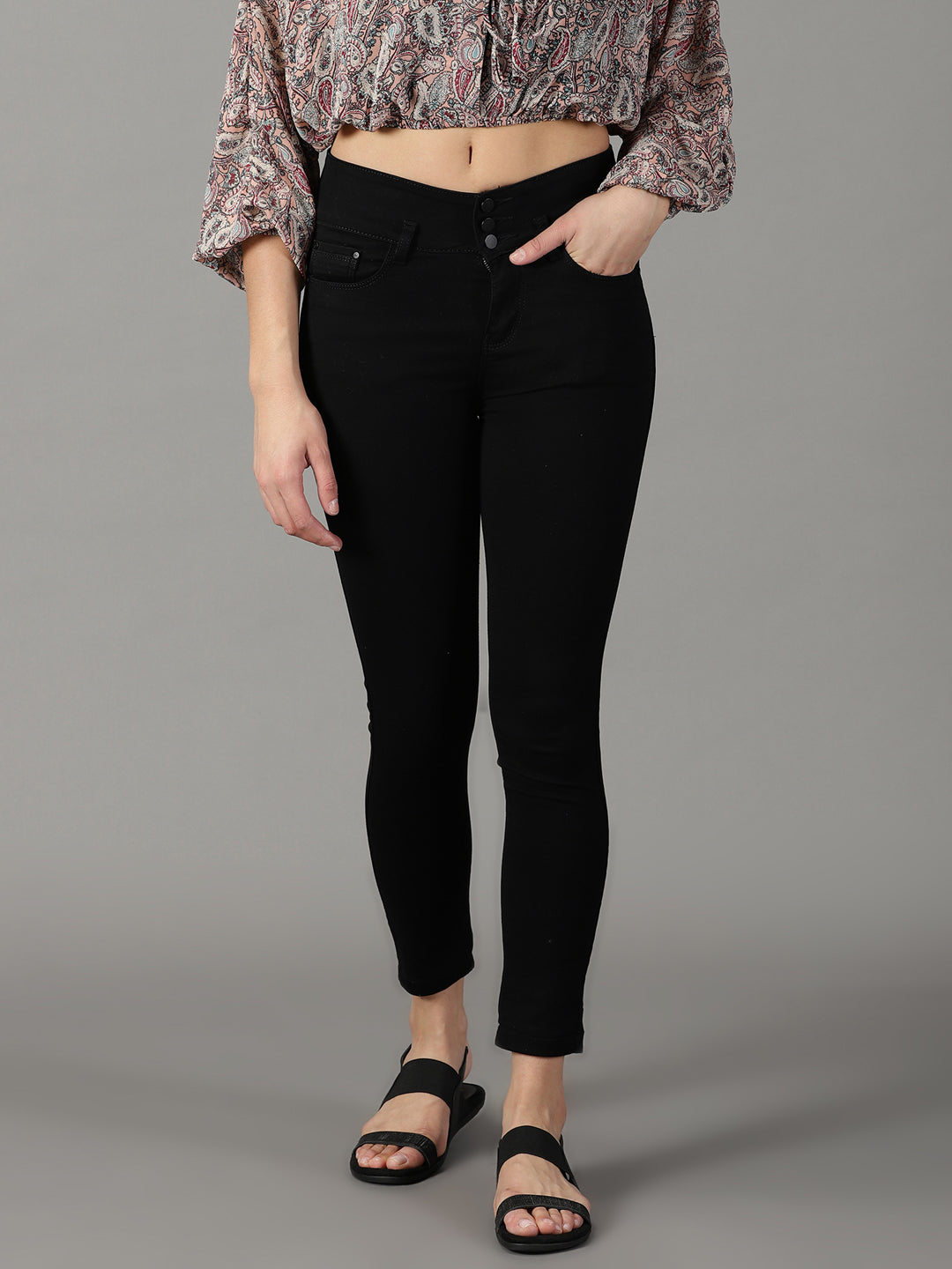 Women's Black Slim Fit High-Rise Acid Wash Stretchable Cotton Jeans