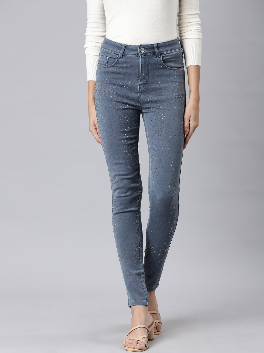 Women's Grey Skinny Fit Embellished Denim Jeans