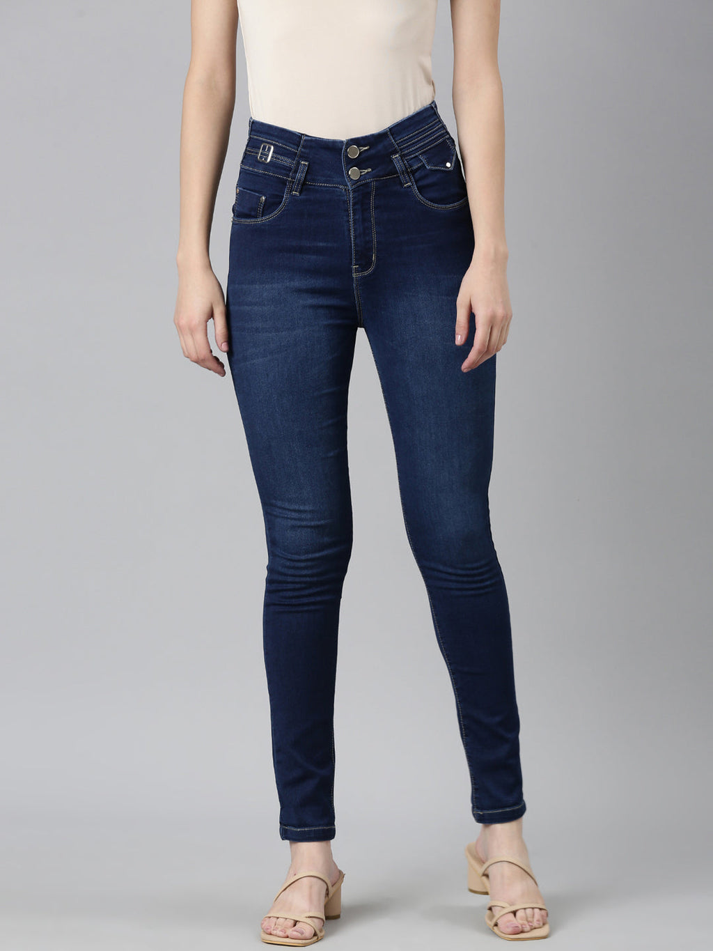 Women's Navy Blue Skinny Fit High Rise Light Fade Denim Jeans