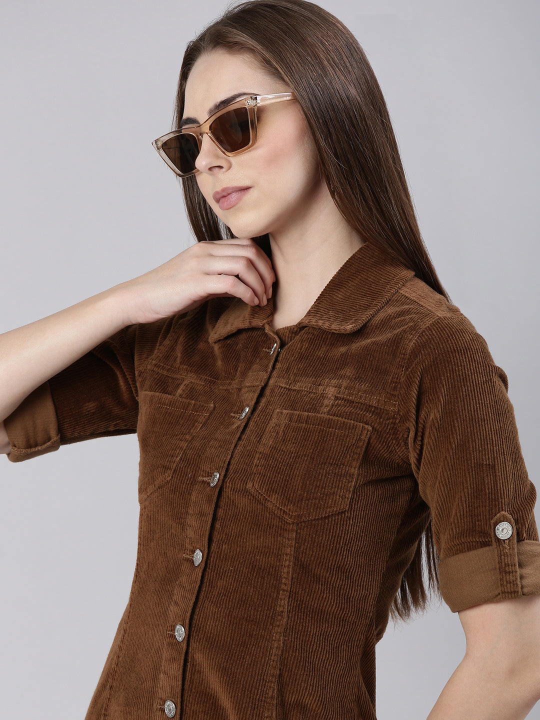 Women's Khaki Corduroy Cotton Shirt Dress