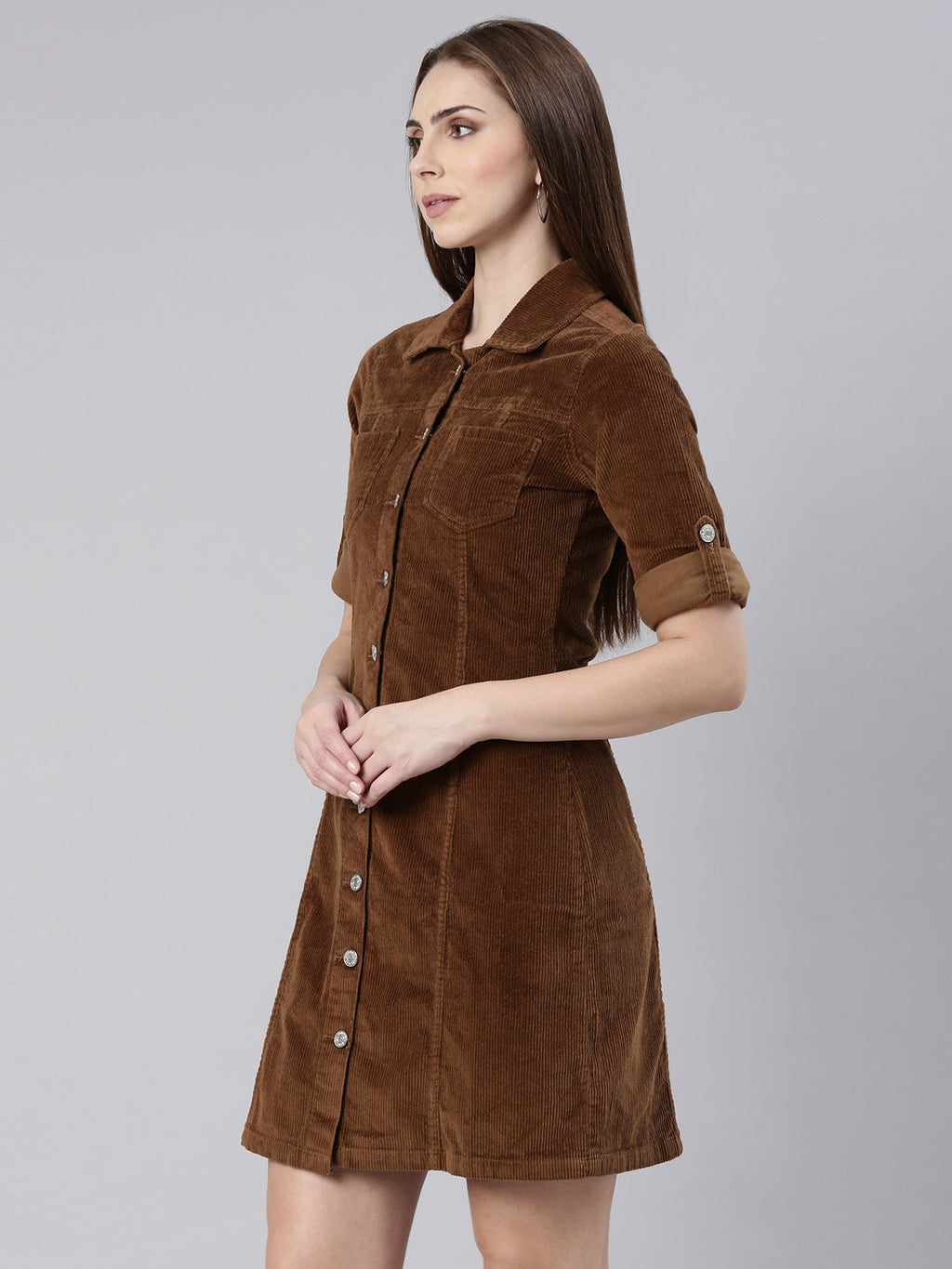 Women's Khaki Corduroy Cotton Shirt Dress