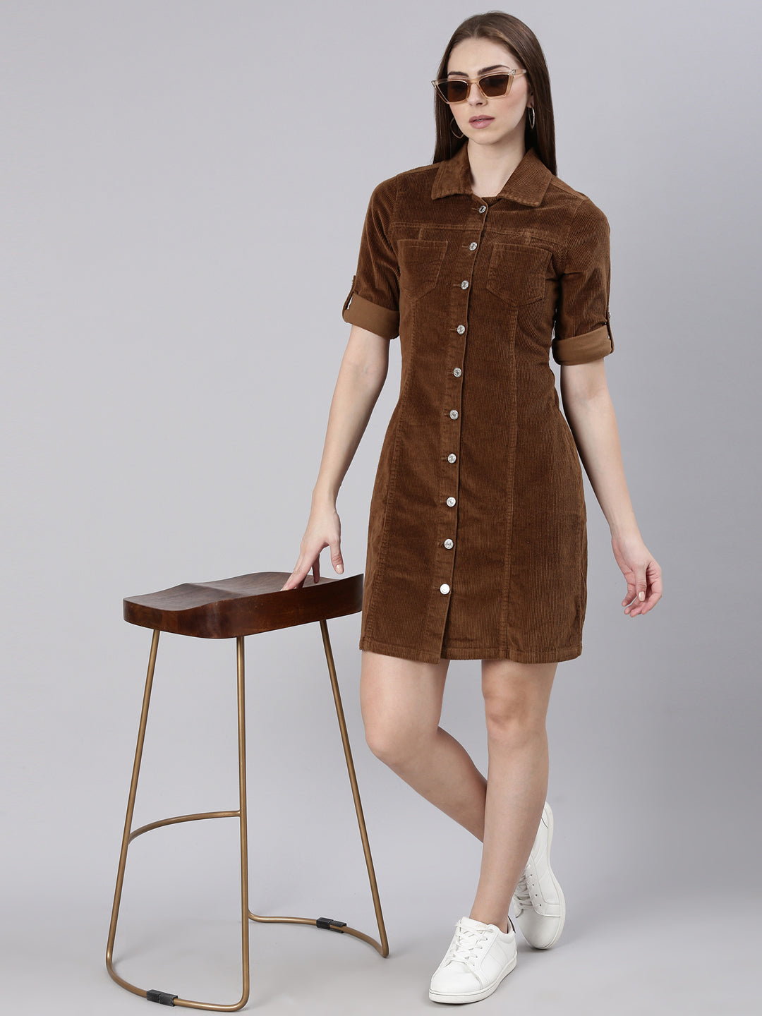 Women's Khaki Corduroy Cotton Shirt Dress