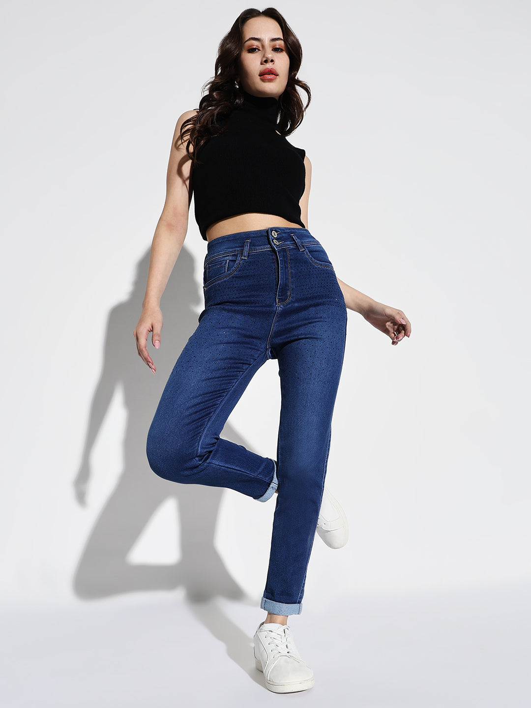 Women's Blue Cotton Comfort Slim Fit Light Fade Embellished Stretchable Jeans
