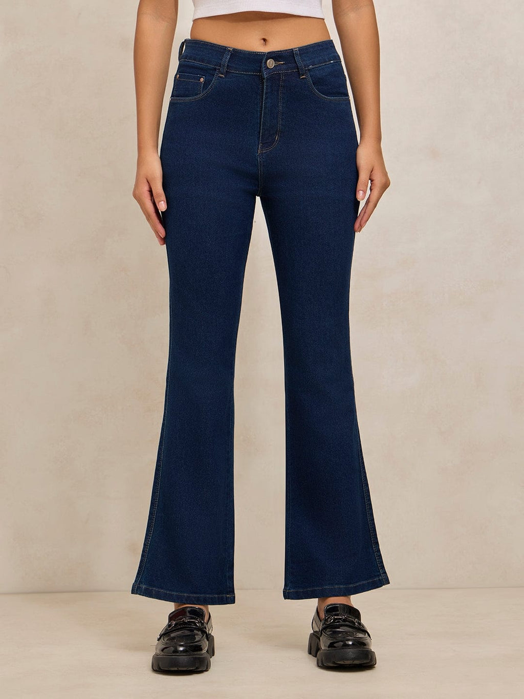 Women's Navy Blue Denim Mini Flare Jeans