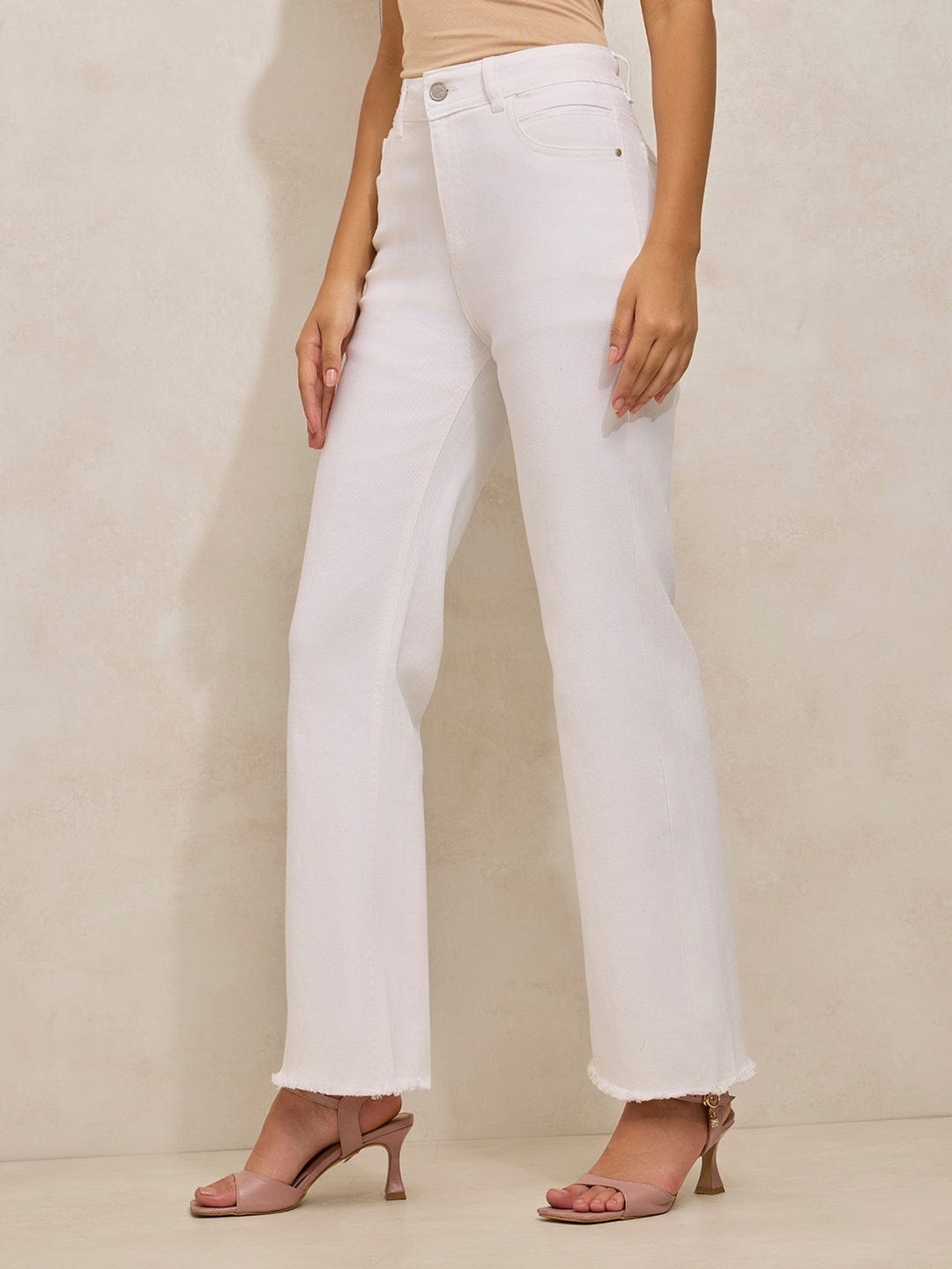 Women's White Denim High Rise Mini Flare Jeans with Frayed Hem