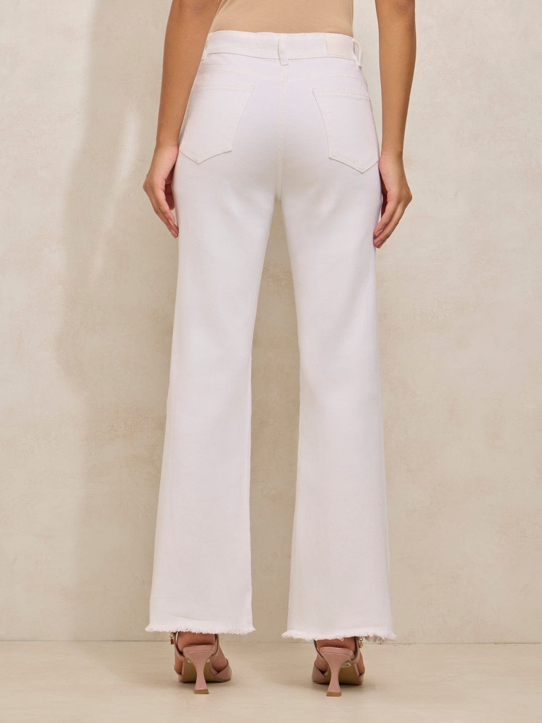 Women's White Denim High Rise Mini Flare Jeans with Frayed Hem
