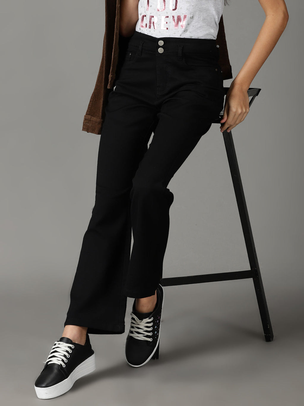 Women's Black Bootcut High-Rise Acid Wash Stretchable Jeans