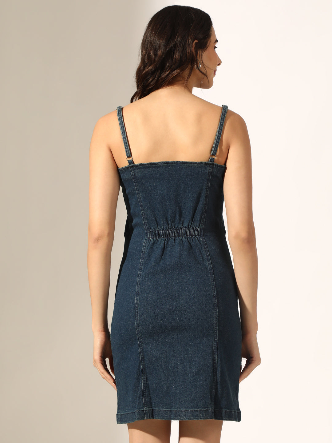 Women's Navy Blue Denim Zip-Front Bodycon Mini Dress