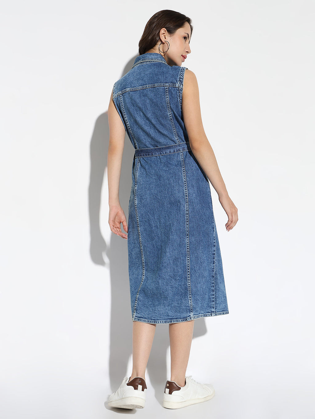 Women's Solid Blue Shirt Dress with Belt