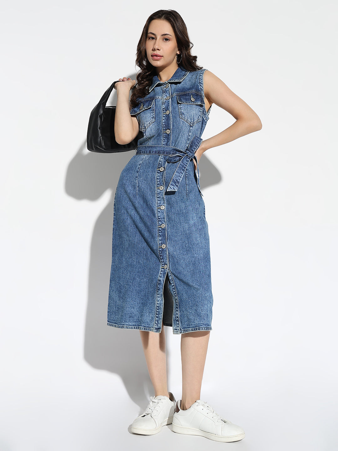 Women's Solid Blue Shirt Dress with Belt