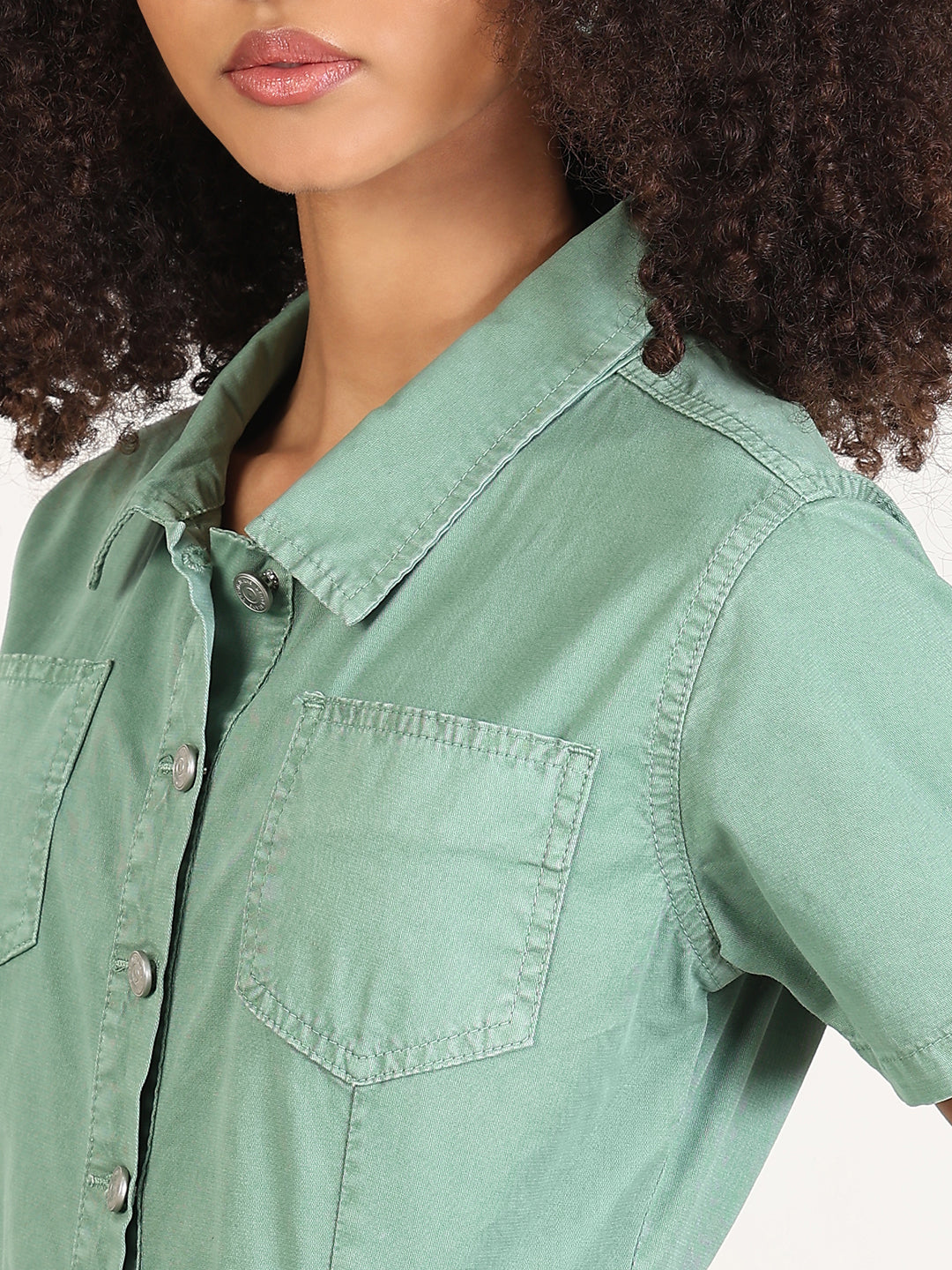 Women's Solid Green A-Line Knee Length Denim Dress