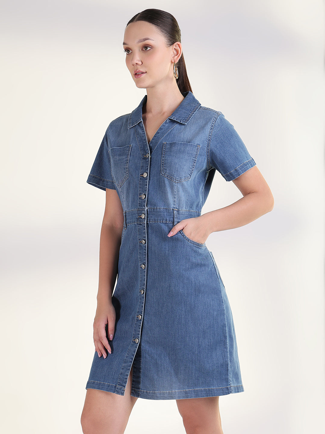 Women's Solid Blue Shirt Above Knee Denim Dress