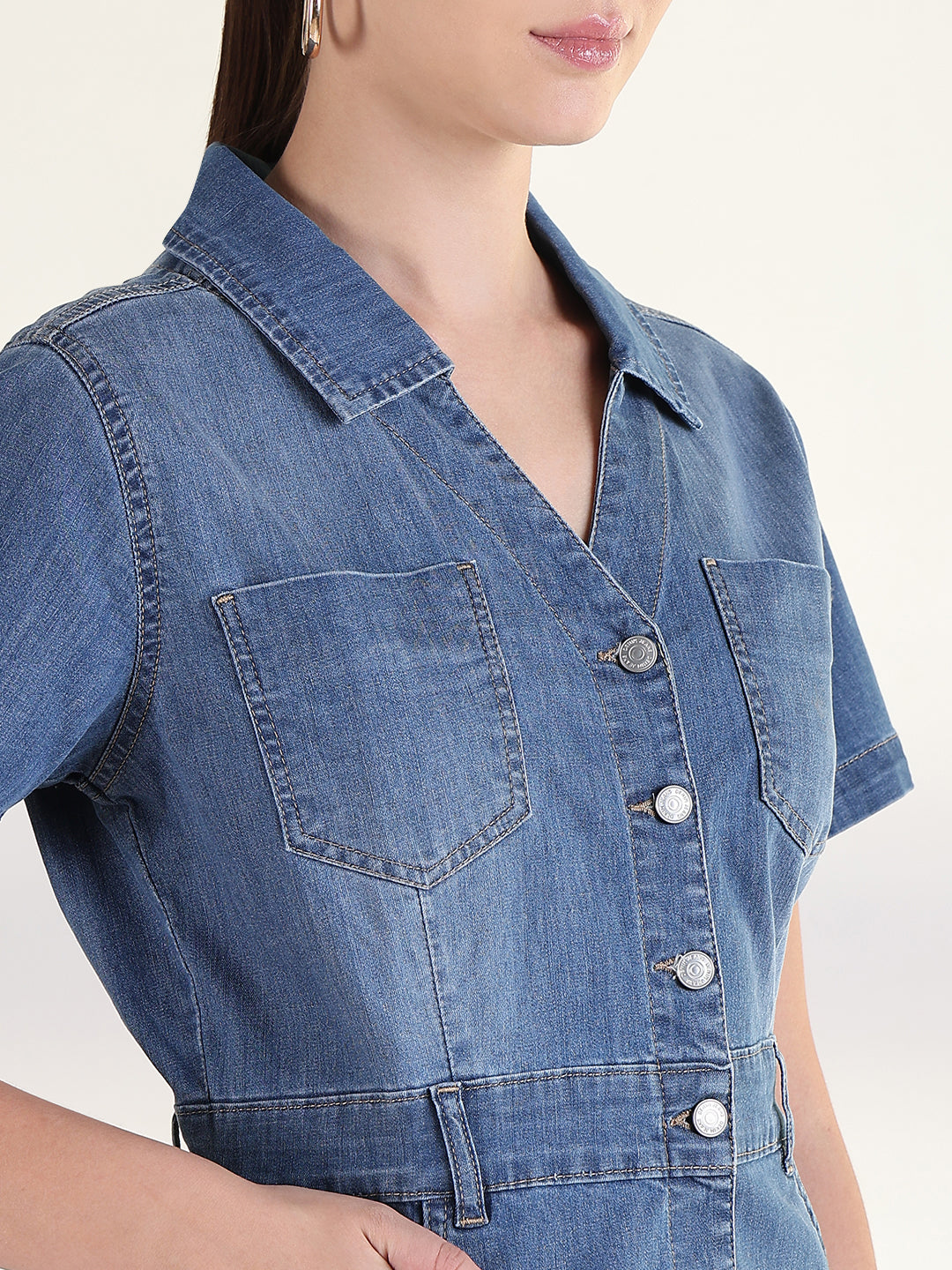 Women's Solid Blue Shirt Above Knee Denim Dress
