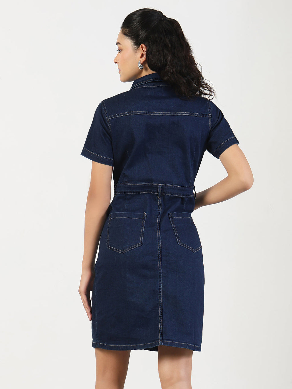 Women's Solid Navy Blue Denim A-Line Dress
