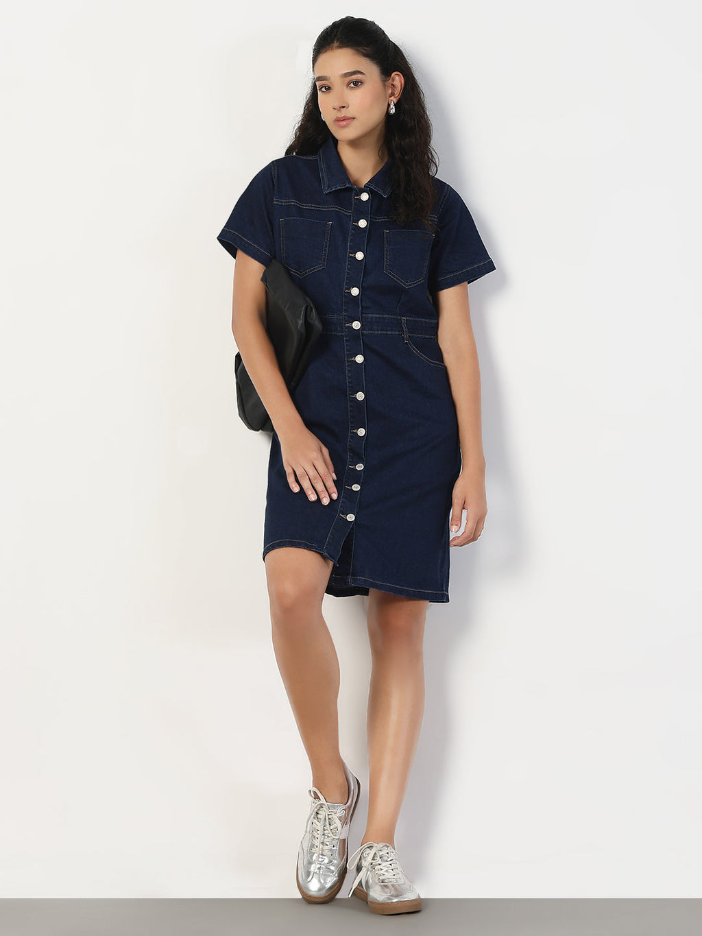 Women's Solid Navy Blue Denim A-Line Dress