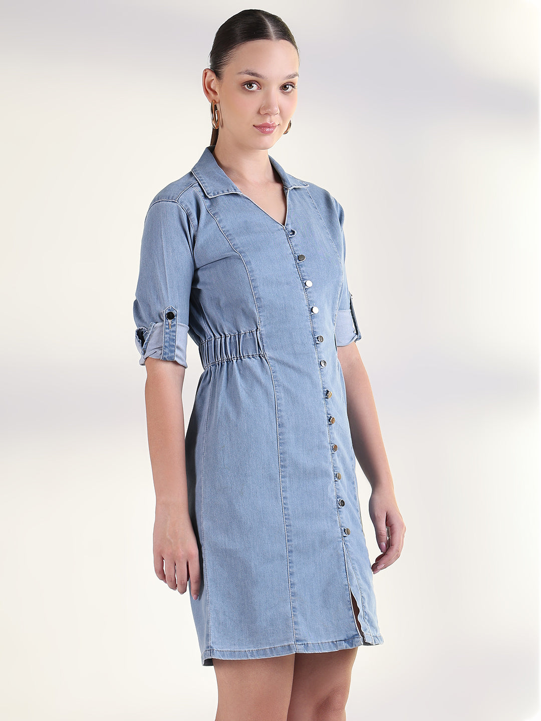 Women's Solid Blue Shirt Knee Length Denim Dress