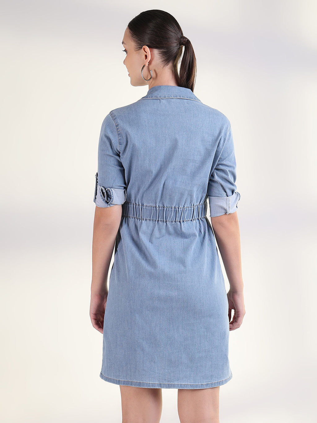 Women's Solid Blue Shirt Knee Length Denim Dress
