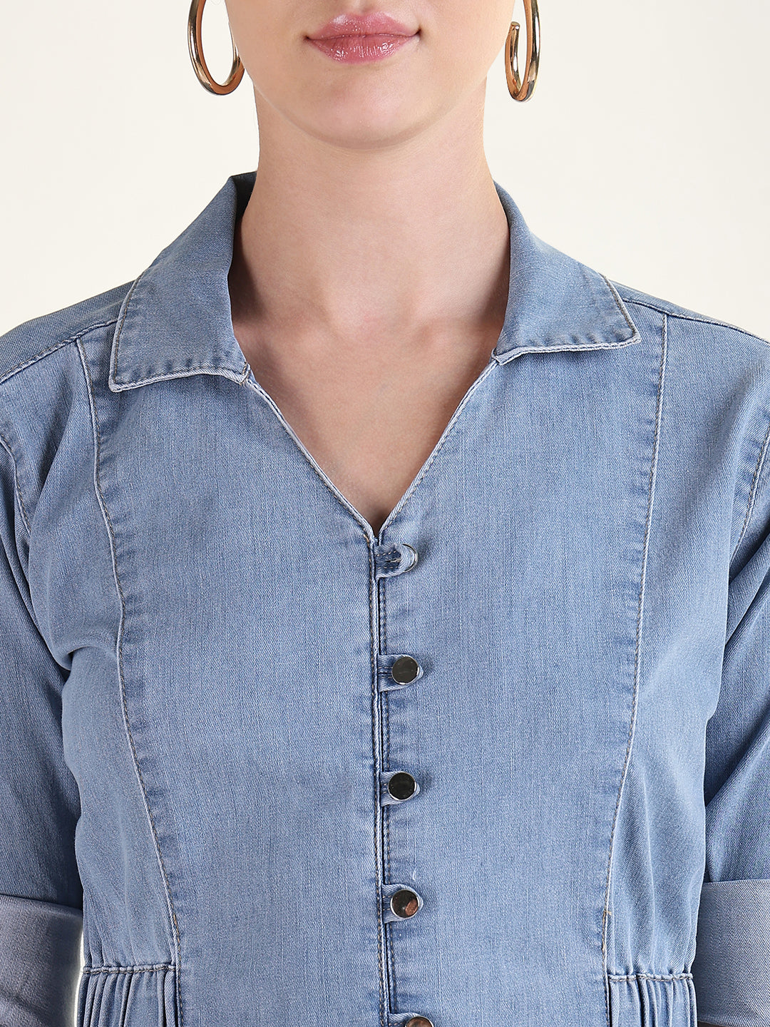 Women's Solid Blue Shirt Knee Length Denim Dress