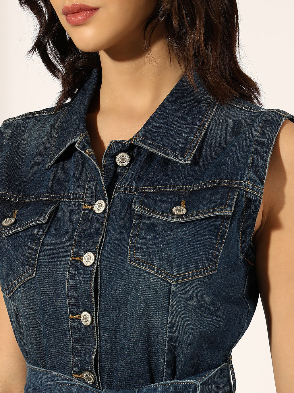 Women's Dark Blue Denim Sleeveless Shirt Dress with Fabric Belt