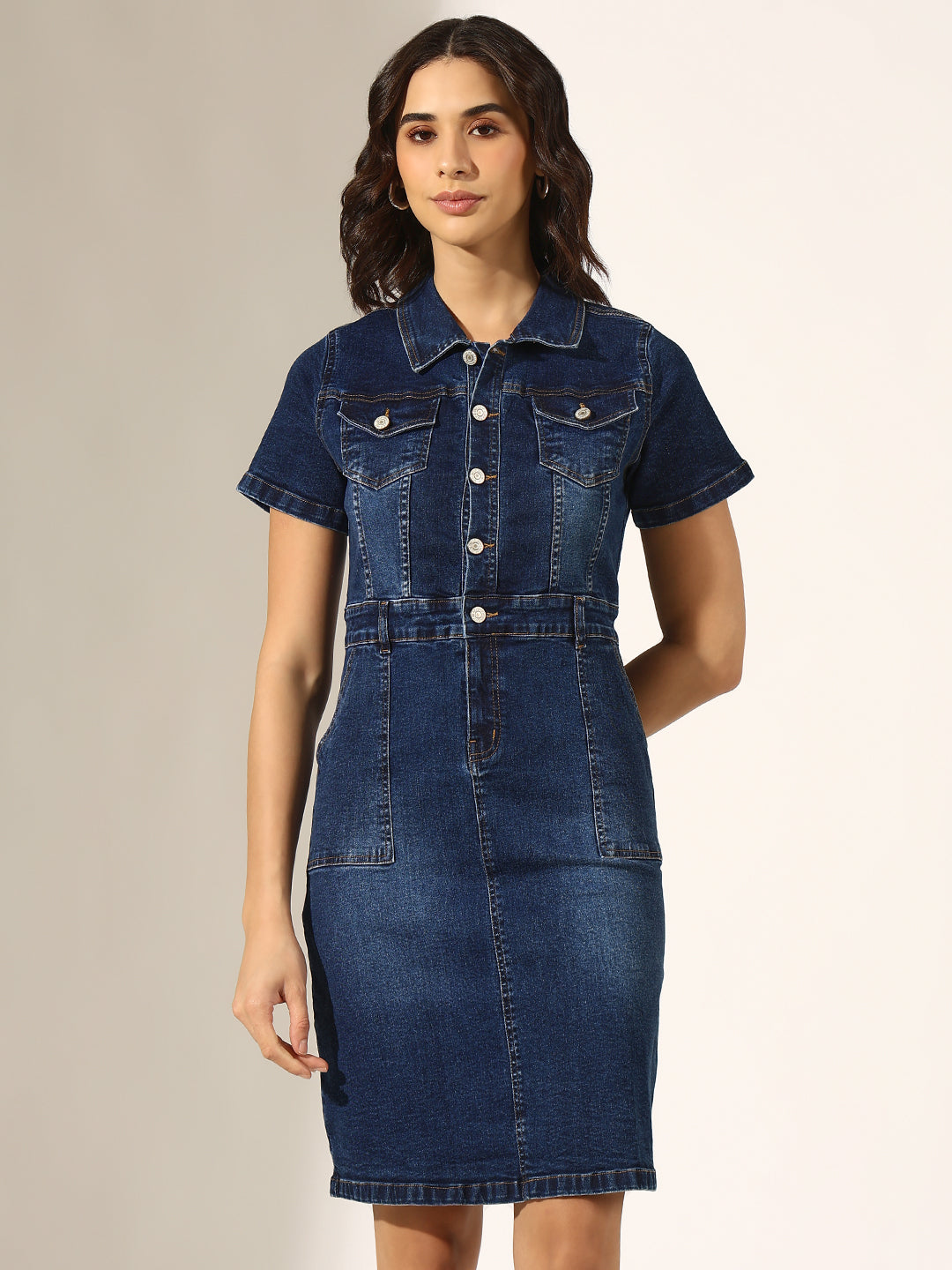 Women's Dark Blue Short Sleeve Button-Down Denim Dress