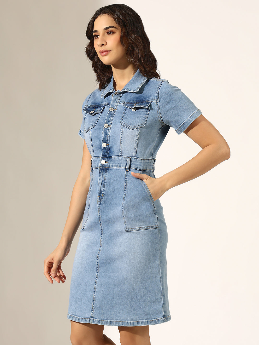 Women's Light Blue Short Sleeve Button-Down Denim Dress