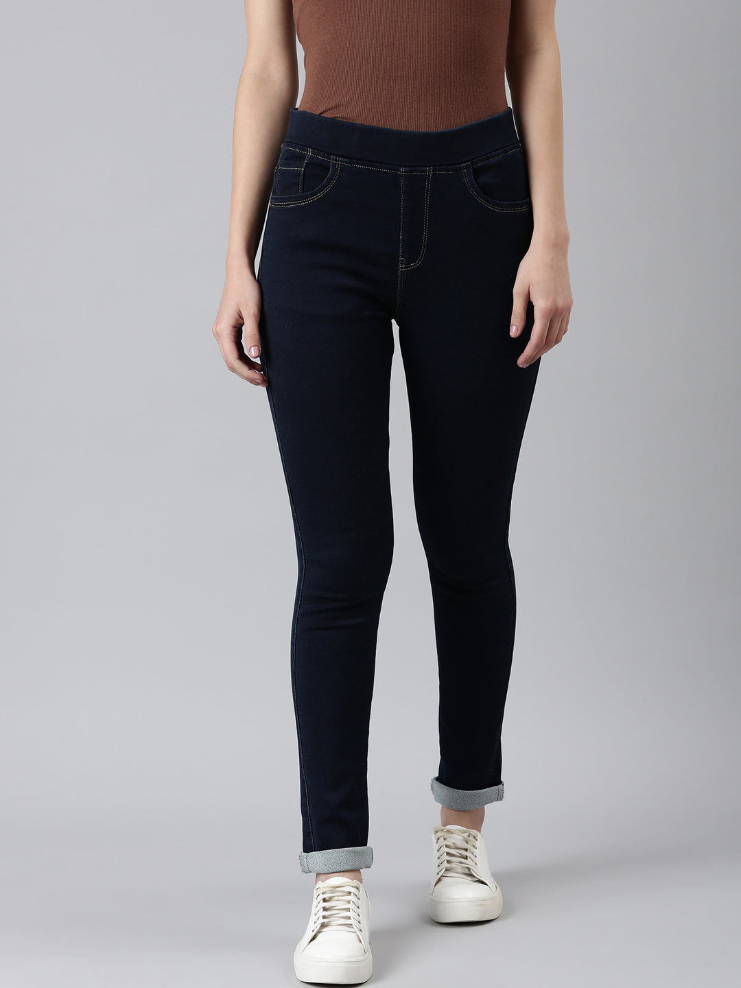 Women's Navy Blue Cuffed Hem Skinny Fit Mid-Rise Denim Jean