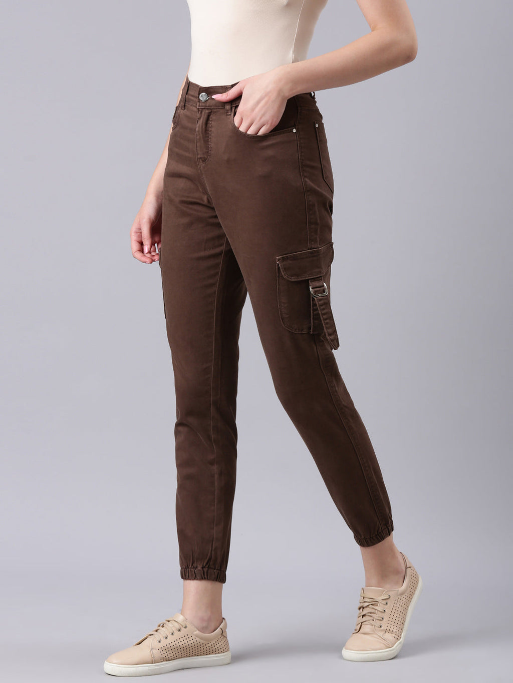 Women's Brown Solid Jogger Denim Jeans