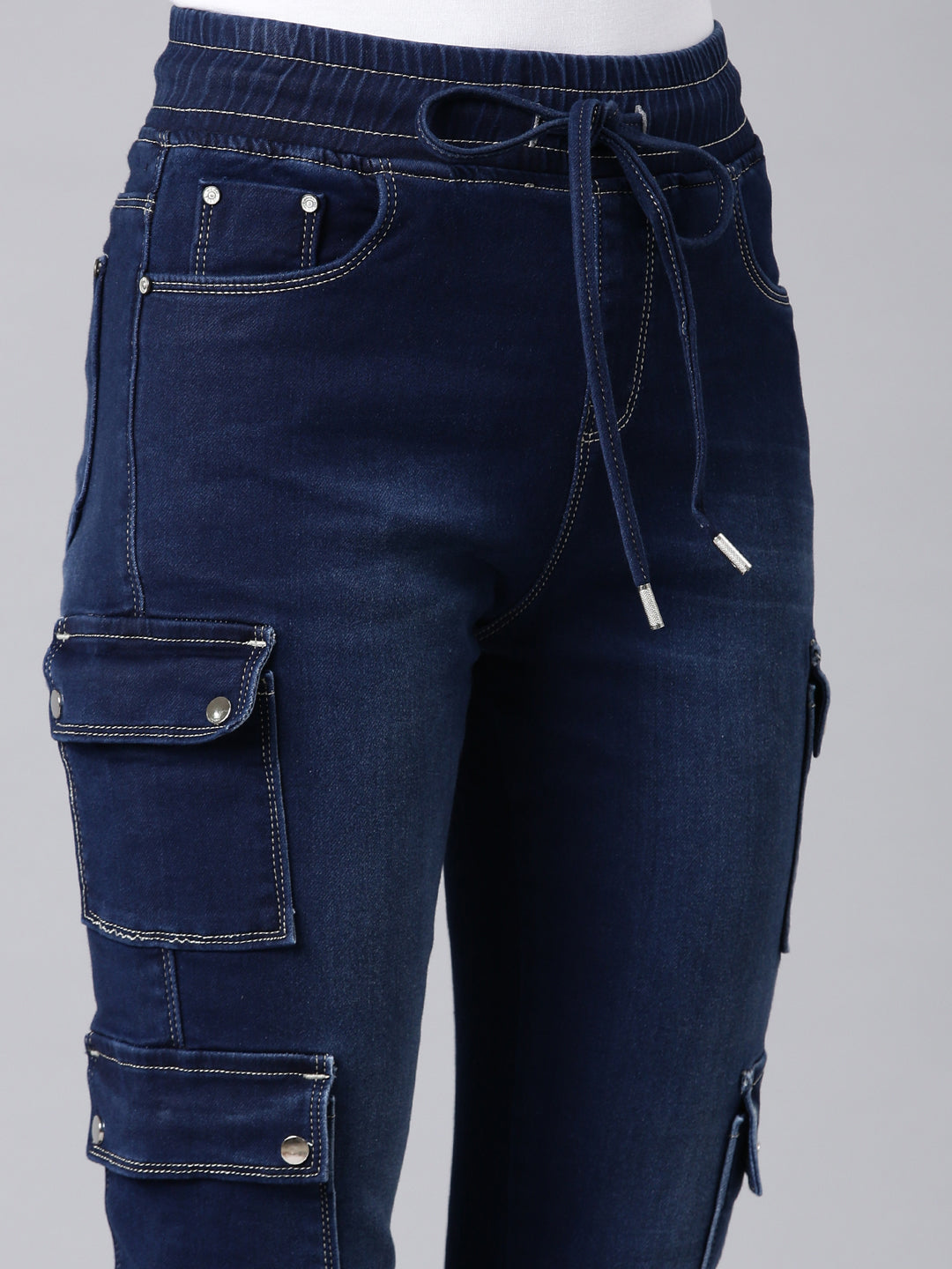 Women's Navy Blue Jogger Mid-Rise Light Fade Acid Wash Denim Jeans