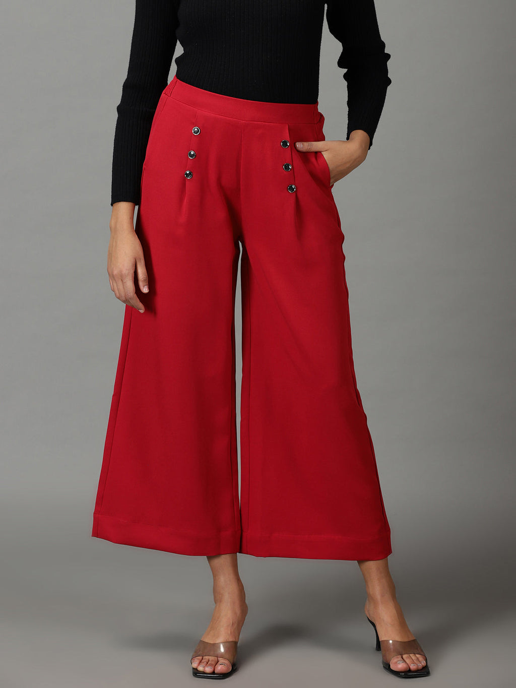 Women's Maroon Relaxed Straight Fit High-Rise Pleated Culottes