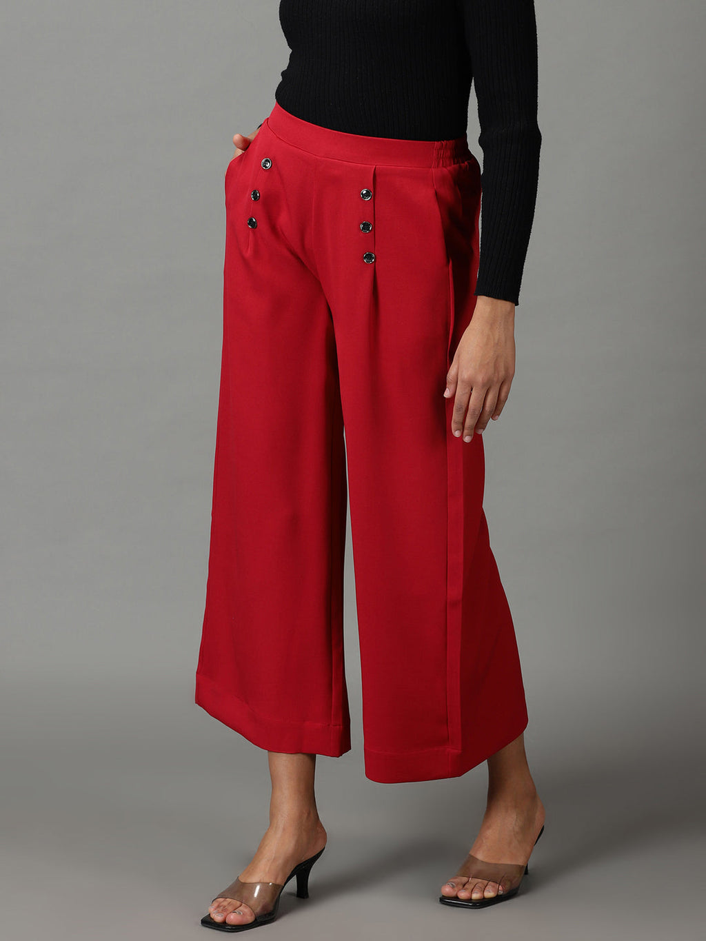 Women's Maroon Relaxed Straight Fit High-Rise Pleated Culottes