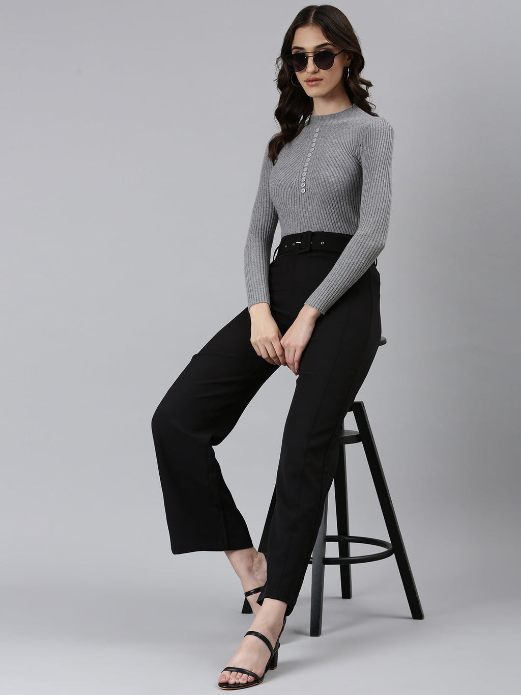Women's Black Straight Fit High-Rise Trousers