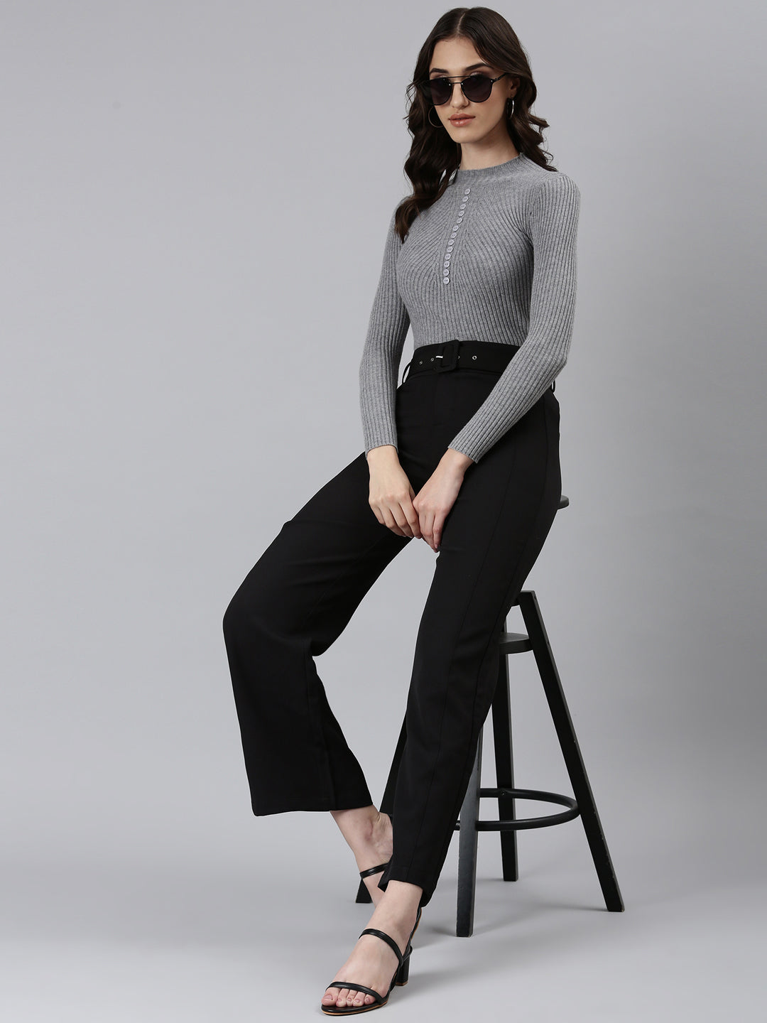 Women's Black Straight Fit High-Rise Trousers
