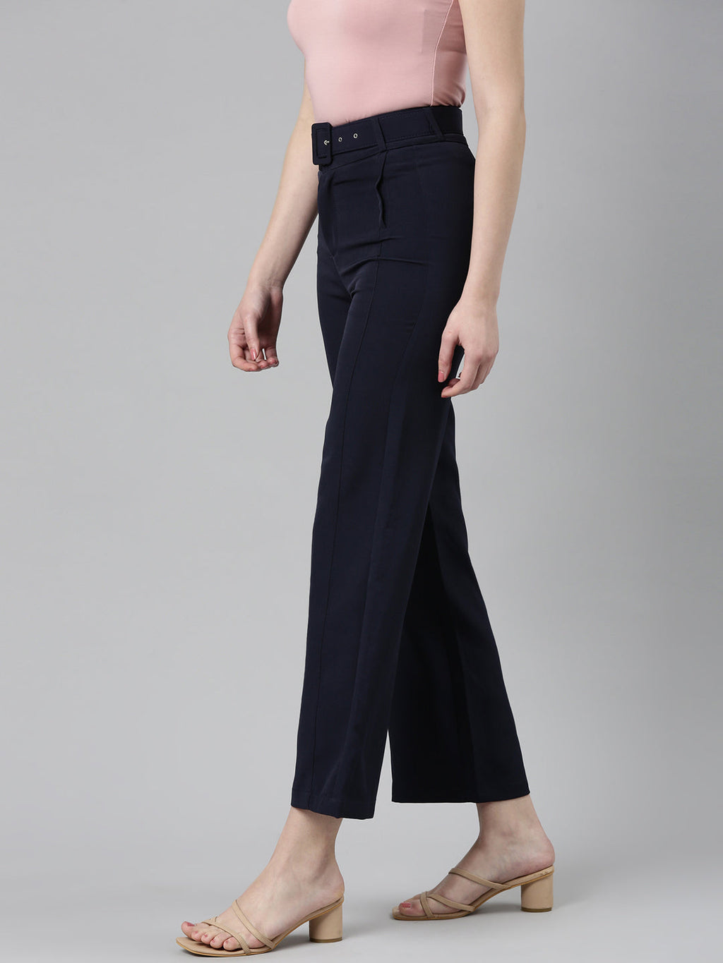 Women's Navy Blue Straight Fit High-Rise Fromal Trousers