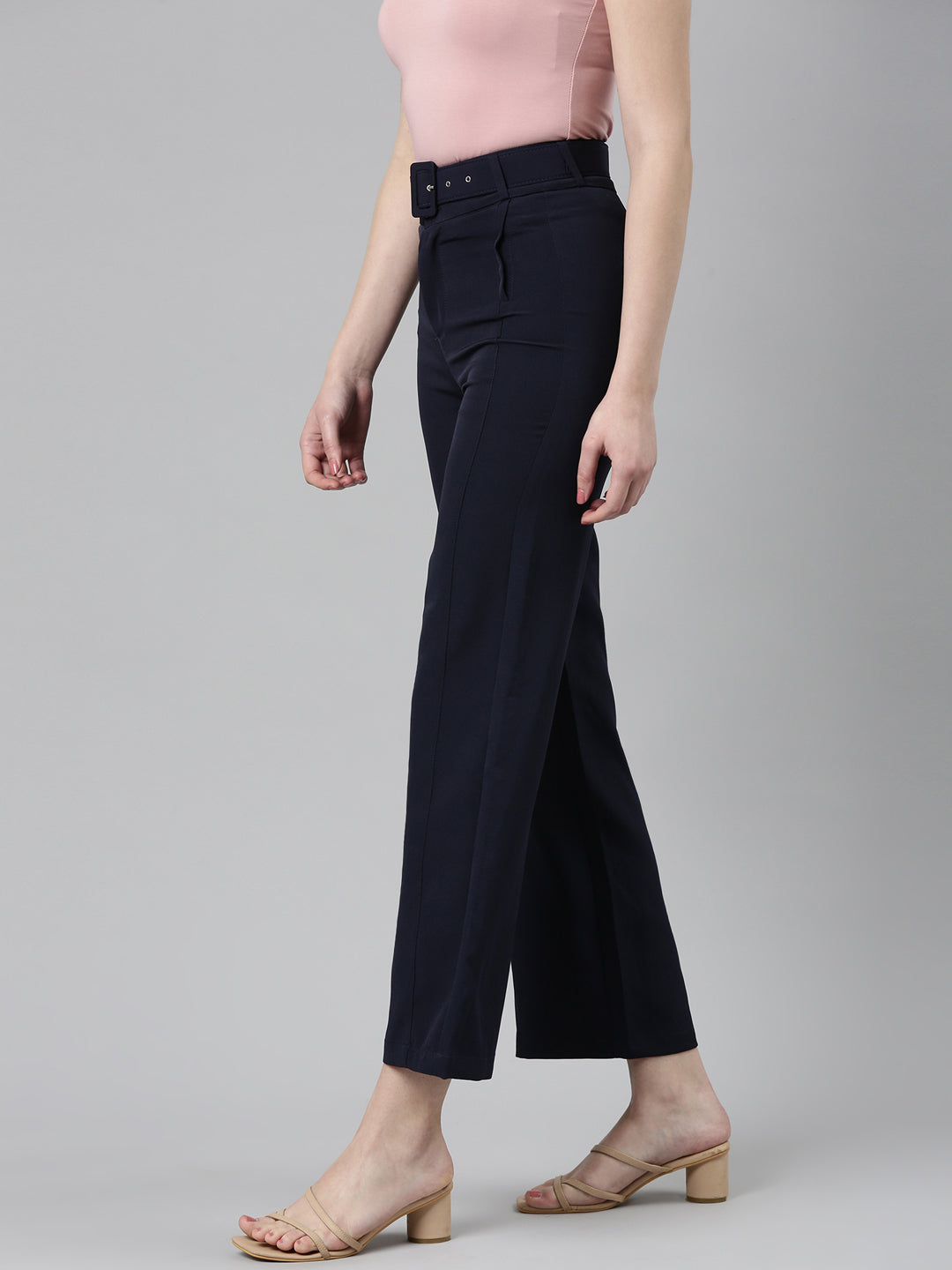 Women's Navy Blue Straight Fit High-Rise Fromal Trousers