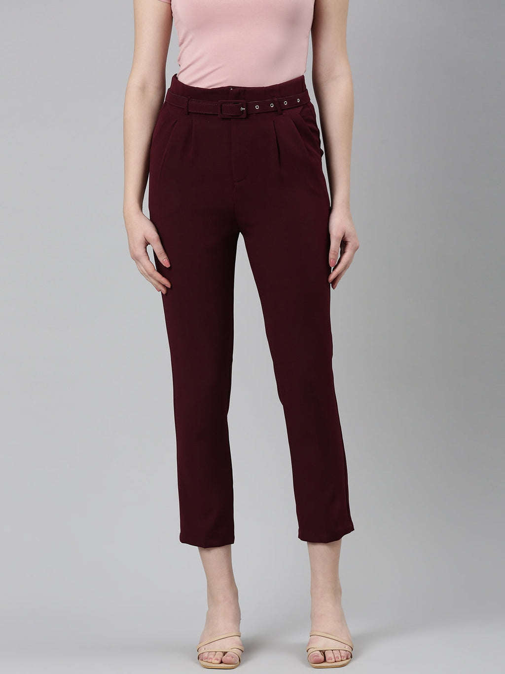 Women's Burgandy High-Rise Pleated Peg Trousers