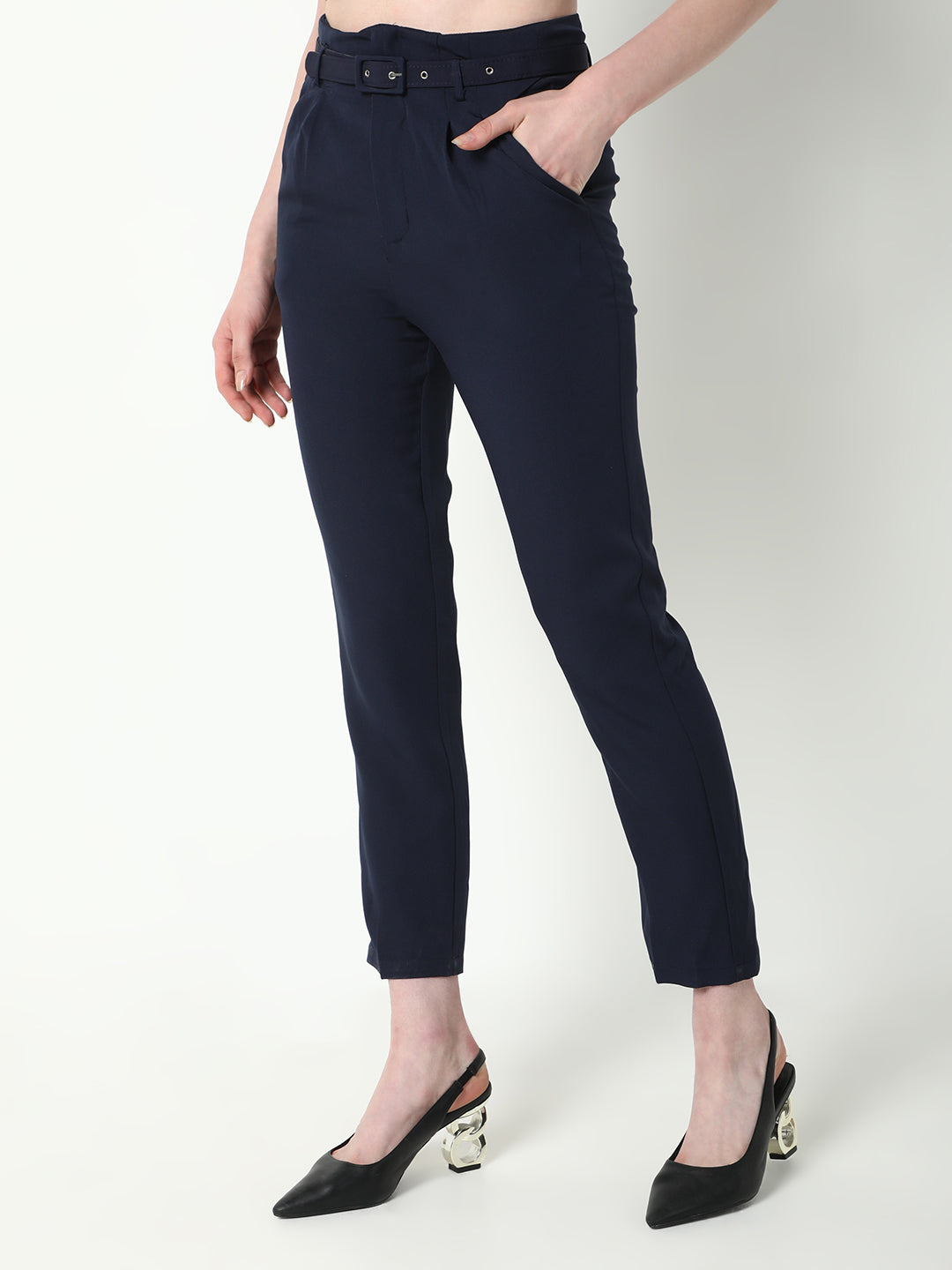 Women's Navy Blue Solid Formal Trousers with Belt