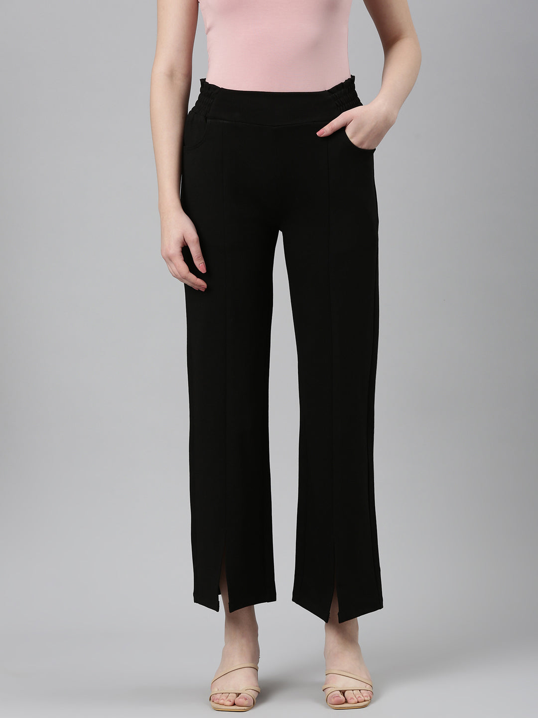 Women's Black Straight Fit High-Rise Lycra Parallel Trousers