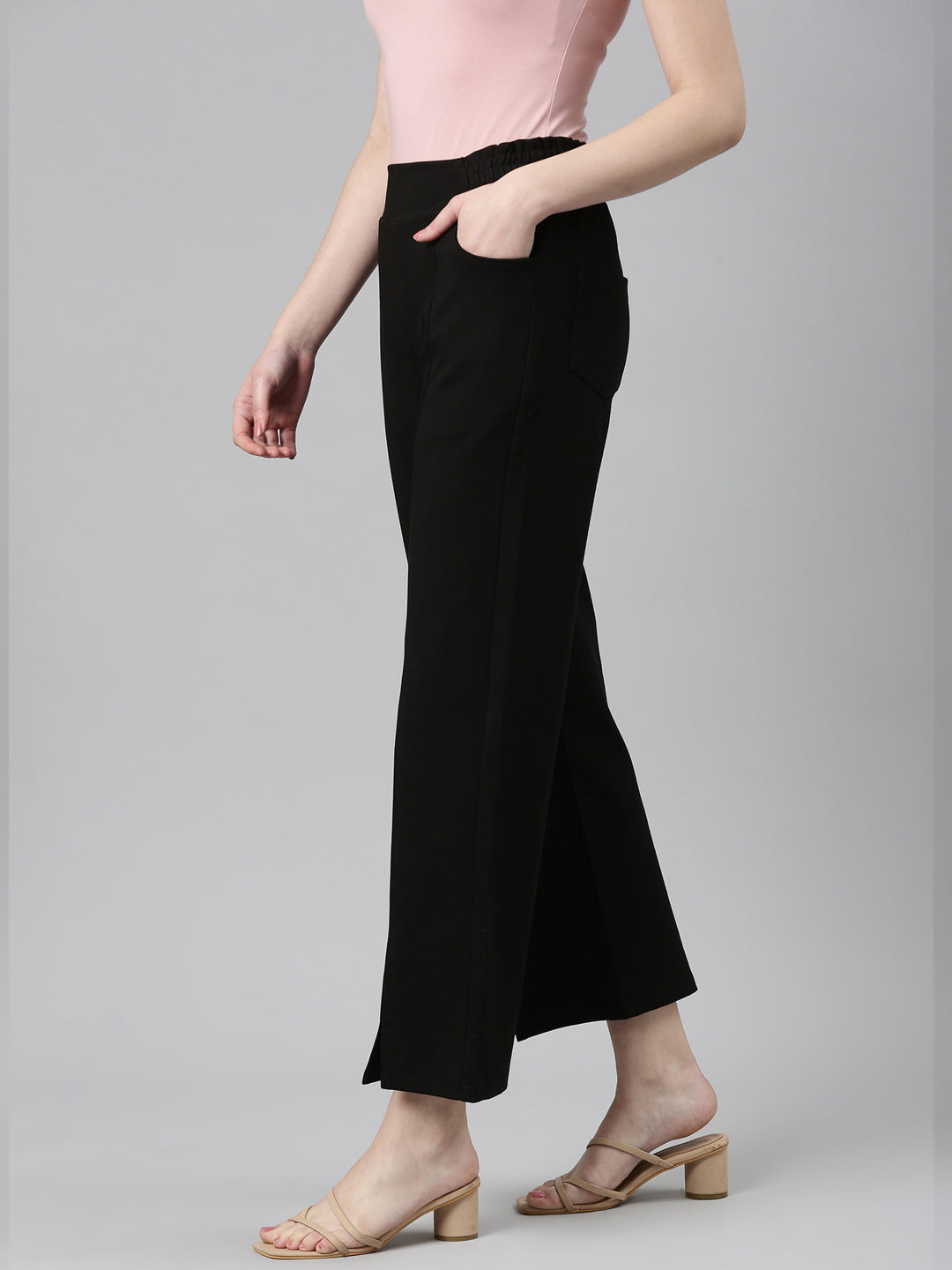 Women's Black Straight Fit High-Rise Lycra Parallel Trousers