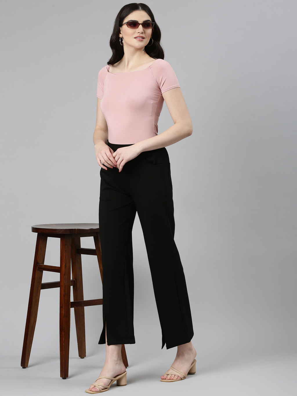 Women's Black Straight Fit High-Rise Lycra Parallel Trousers