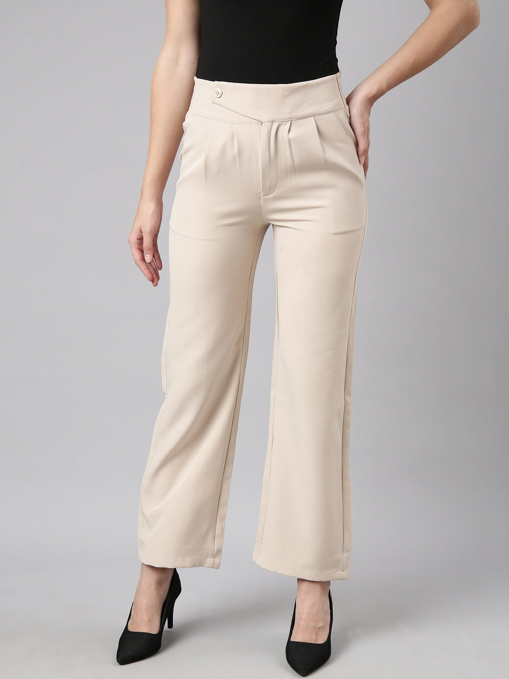 Women's Beige Comfort Regular Fit Cotton Parallel Trouser