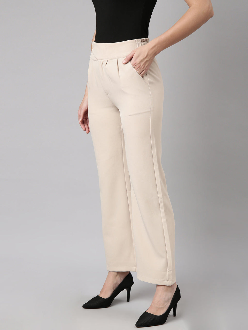 Women's Beige Comfort Regular Fit Cotton Parallel Trouser