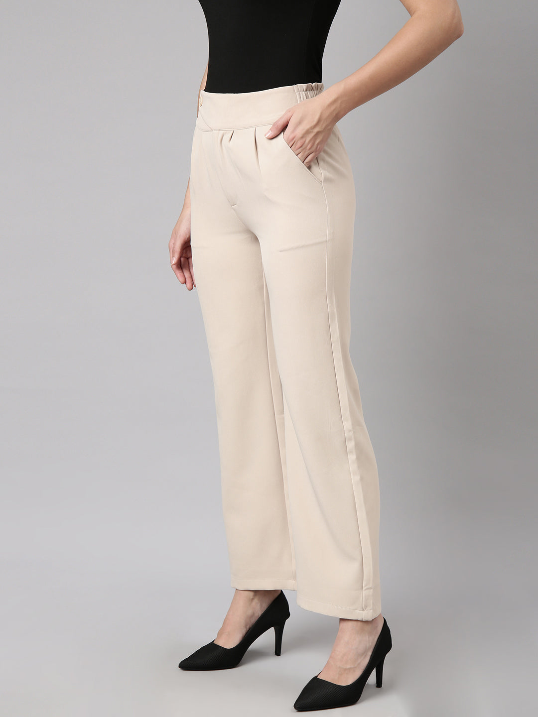 Women's Beige Comfort Regular Fit Cotton Parallel Trouser