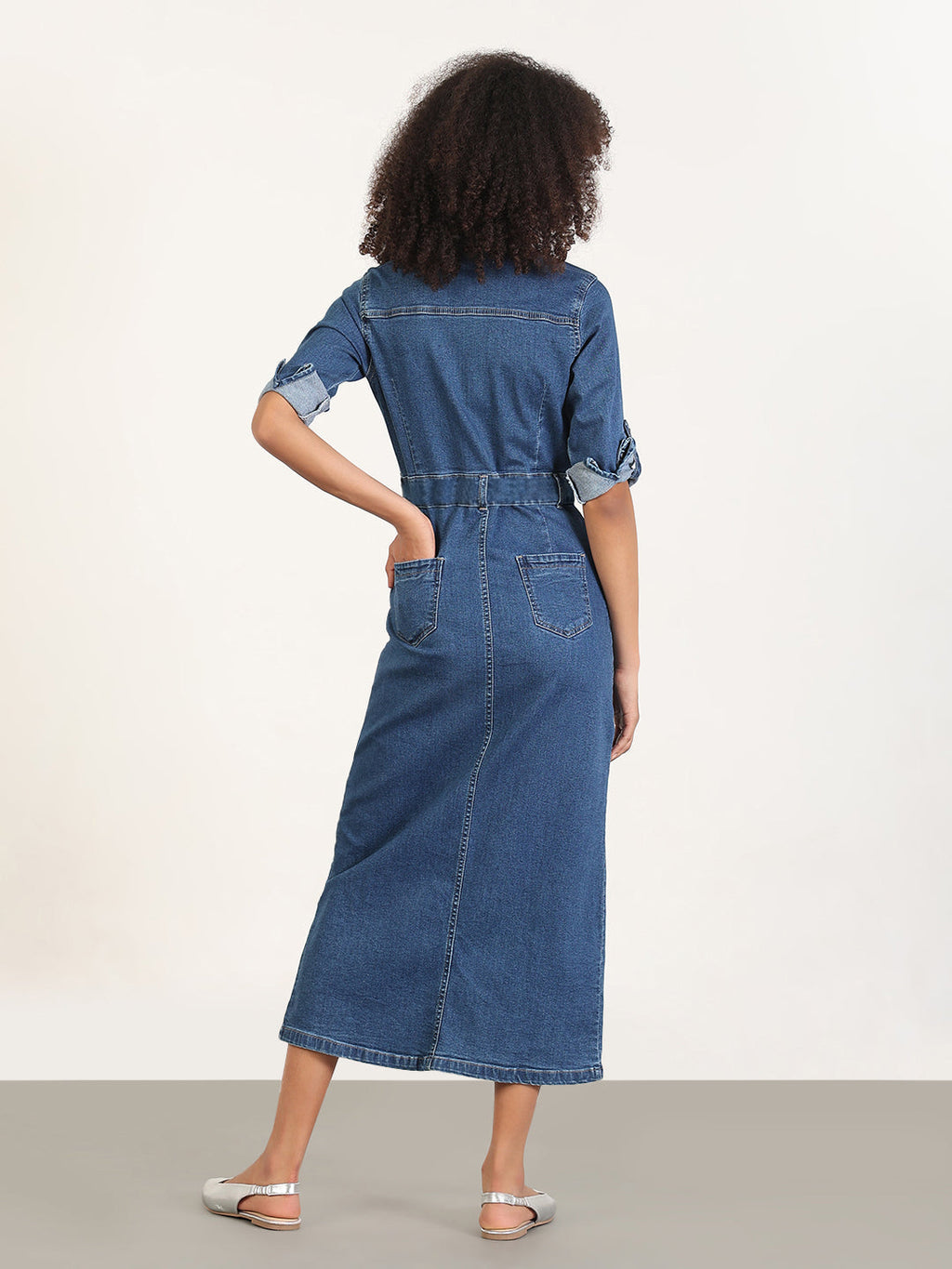 Women's Navy Blue Denim Midi Dress with Front Slit