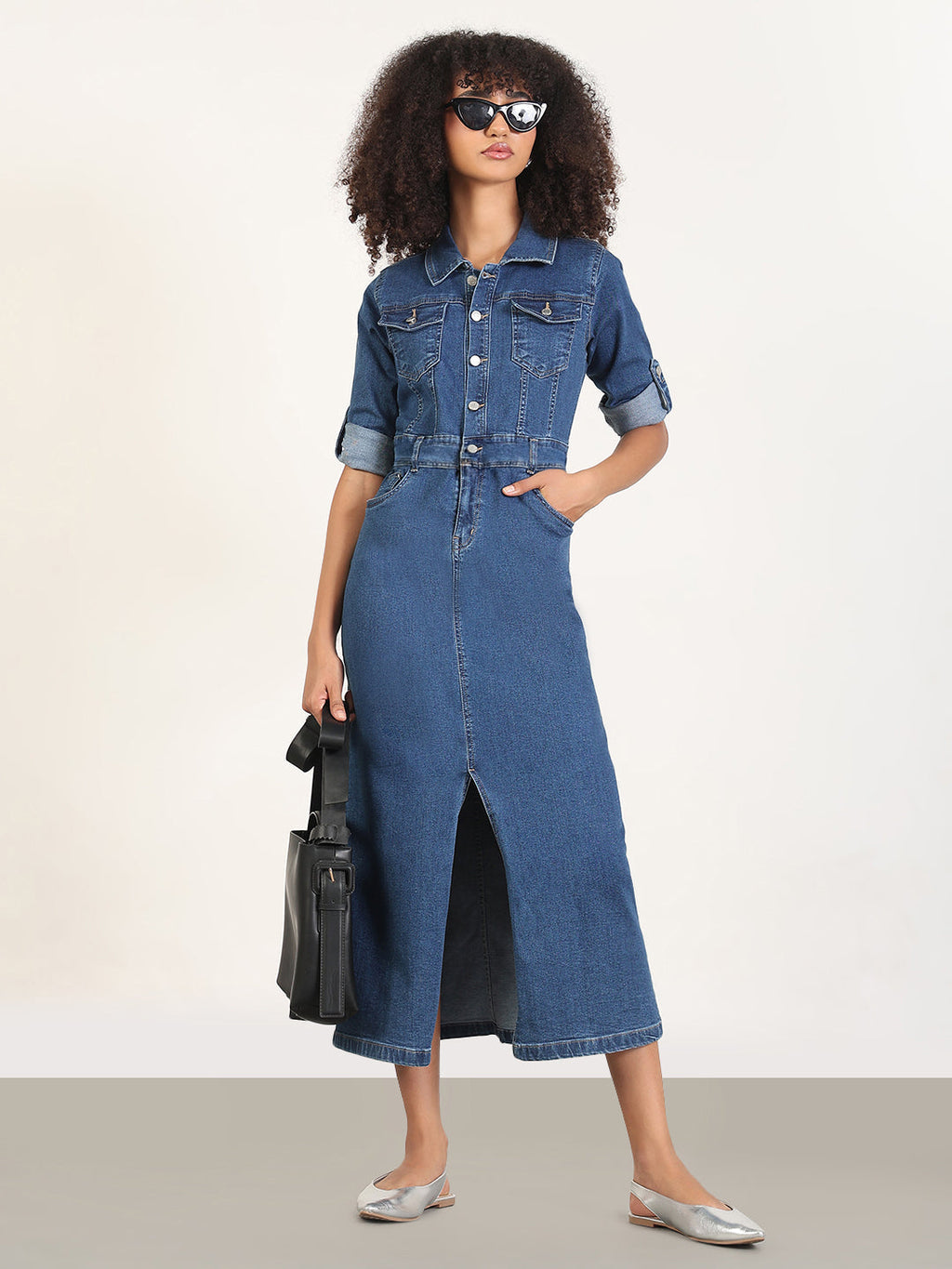 Women's Navy Blue Denim Midi Dress with Front Slit